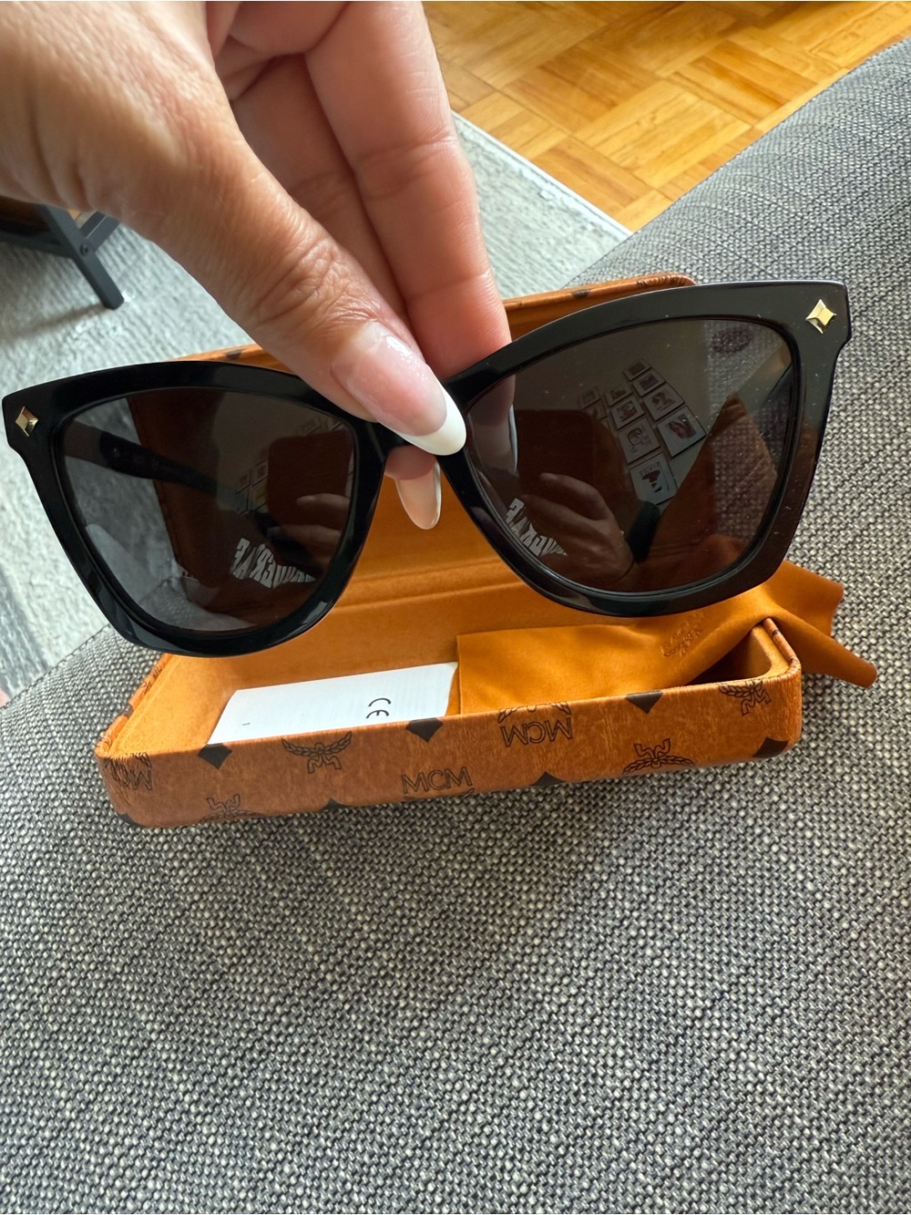 MCM Glossy Black Cat-Eye Sunglasses with Brown Logo Case